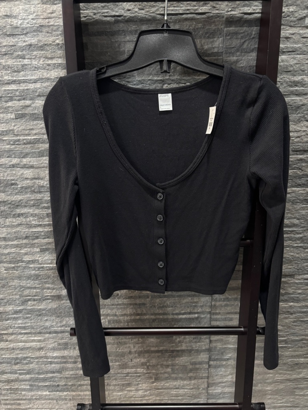 Gilly Hicks Black Ribbed Button-Front Long Sleeve Top